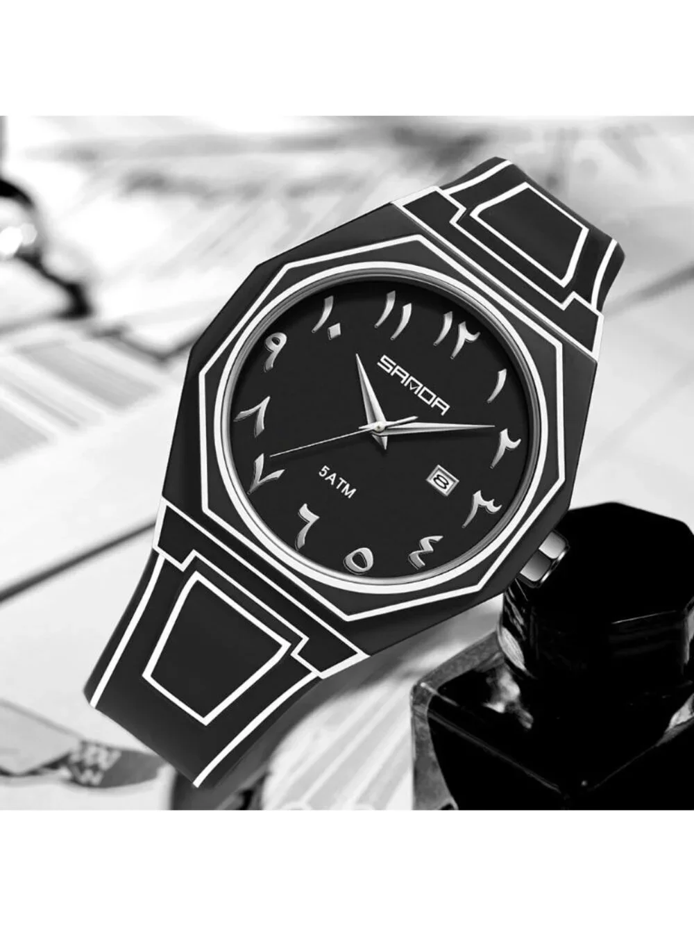 Men's Black Analog Silicone Strap Unique Anime-Inspired Arabic Dial Wrist Watch